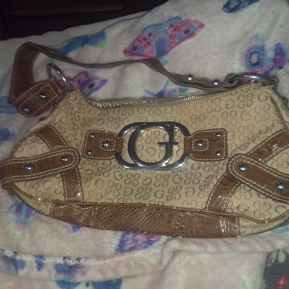 Guess Tan and Brown Shoulder Bag with Silver Accents